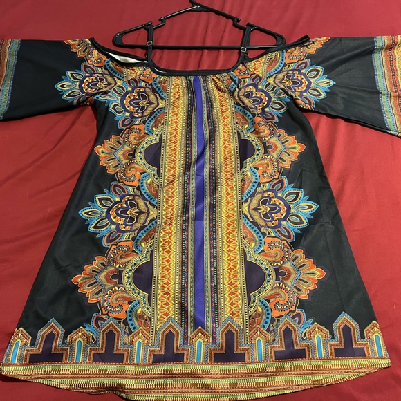 Vintage Print Kimono Sleeve Geometric Tunic Boho Dress (Off the shoulder) - Picture 3 of 3